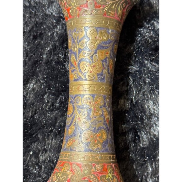 Handcrafted Brass Vase With Intricate Floral Design & Red/Blue Accents - Picture 4 of 6